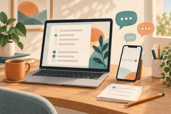 Illustration eines Laptops mit einem Fragebogen mit Auswahlkreisen, eines Smartphones mit einer Bewertungsskala und Sprechblasen.