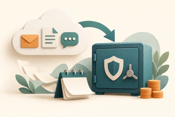 Illustration einer Wolke mit Mail- und Dokumentsymbolen, einem Pfeil zu einem Tresor mit Schild und einem Kalender, der zeigt, wie weit Sie zurückgehen können.