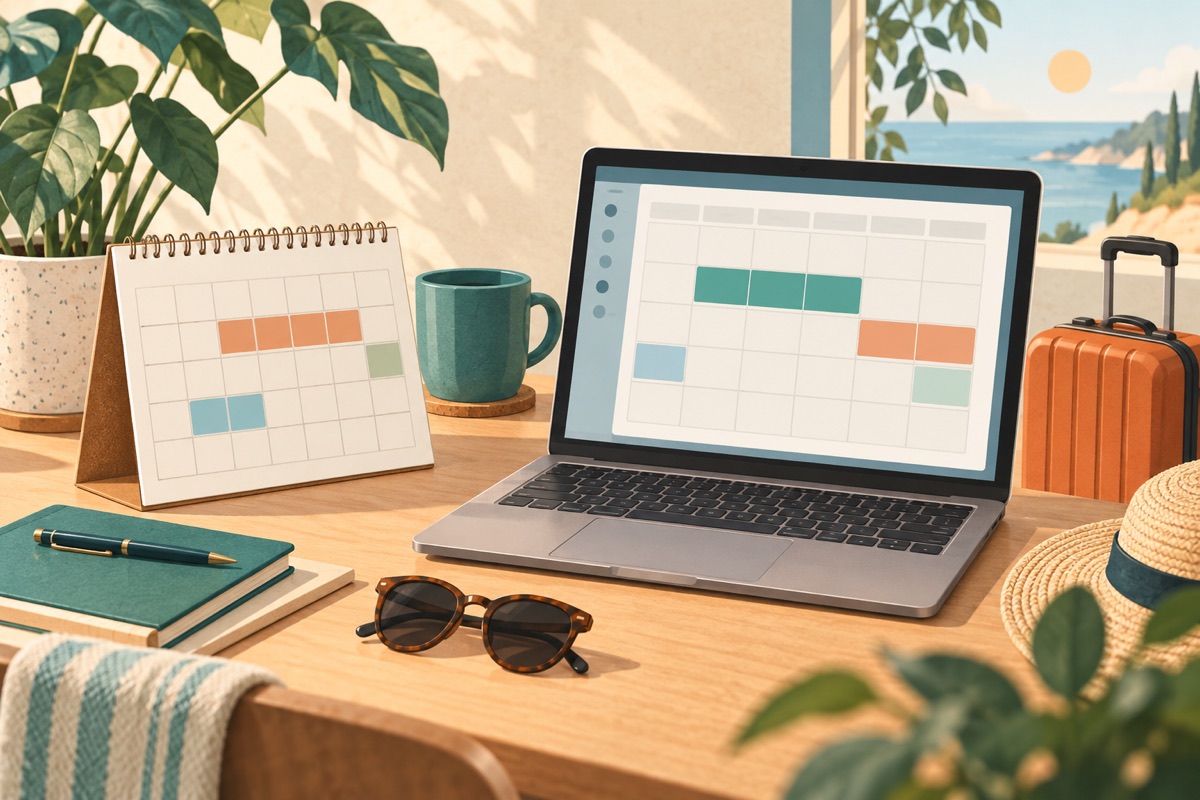 Illustration eines Urlaubskalenders auf Papier und in HR-Software.