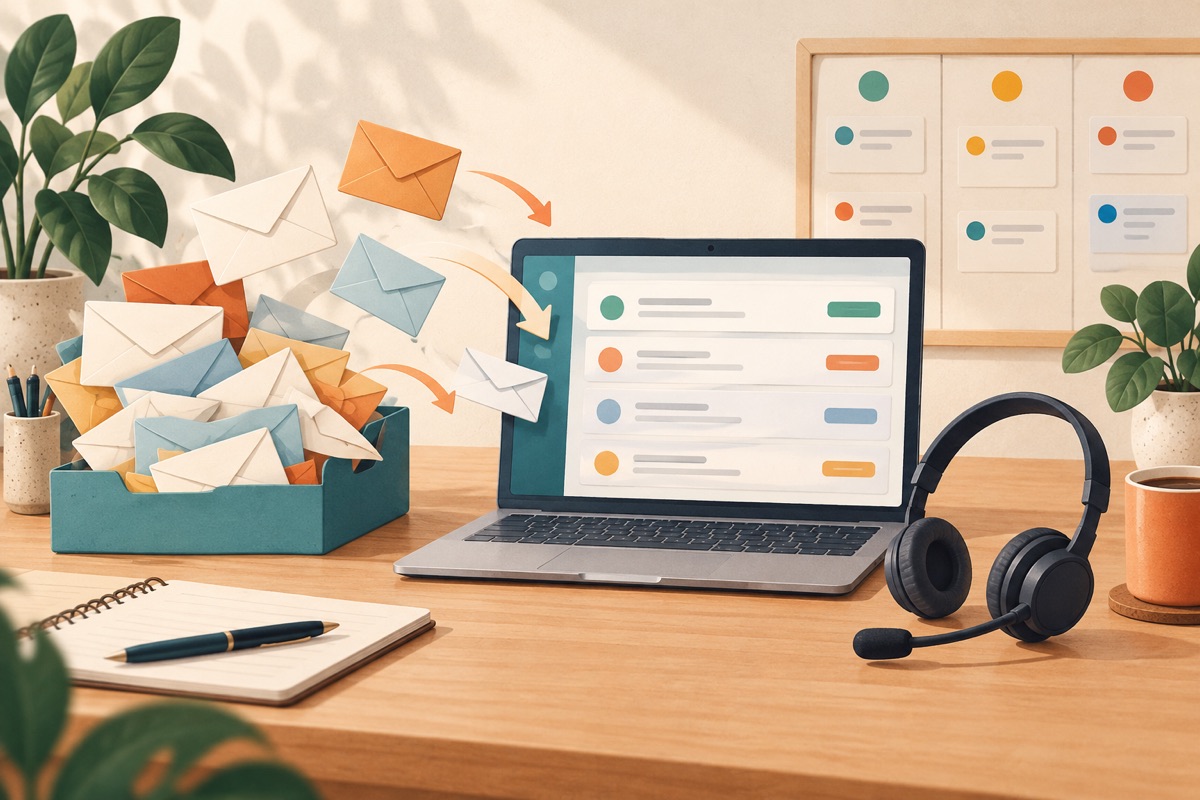 Illustration von E-Mail-Anfragen, die in einer Helpdesk-Übersicht geordnet werden.