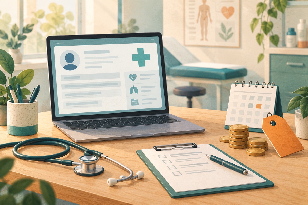Illustration eines Schreibtischs in einem Behandlungsraum mit einem Laptop mit Patientenakte, einem Stethoskop, einem Klemmbrett und Münzen.