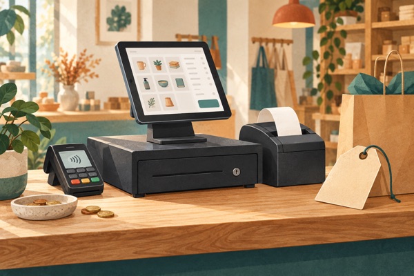 Illustration einer Ladentheke mit Tablet-Kasse, Kartenterminal, Bondrucker und Kassenschublade.