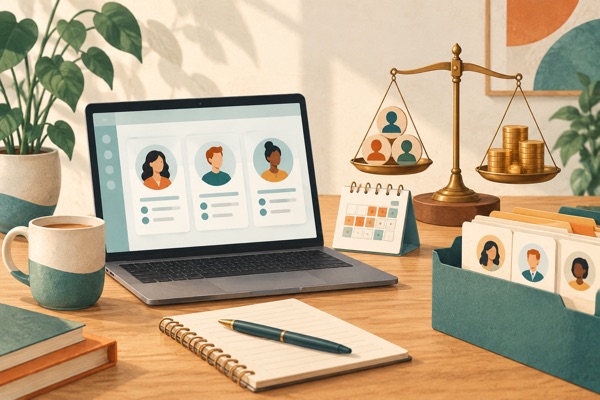 Illustration eines Laptops mit Personalkarten, einem Urlaubskalender und einer Waage mit Münzen.