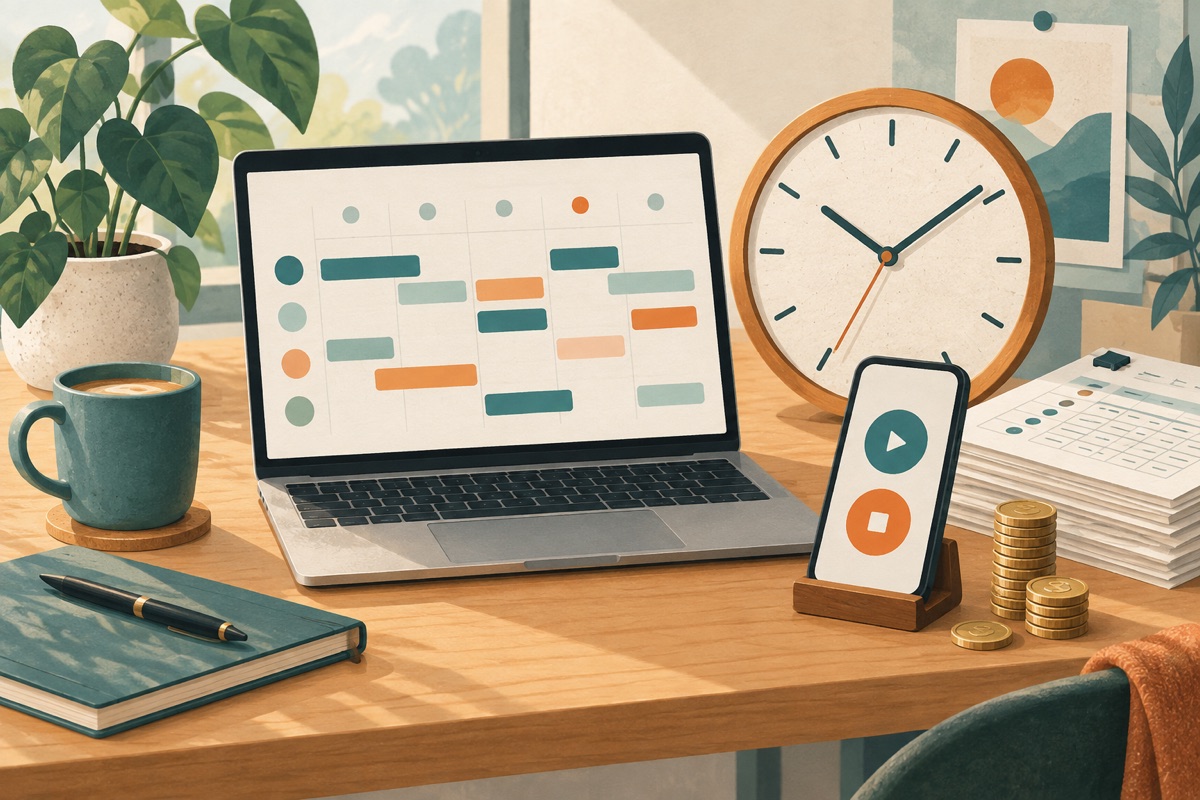 Illustration eines Laptops mit einem Wochenplan, einer großen Uhr, einem Telefon mit Startknopf und Stundenzetteln.