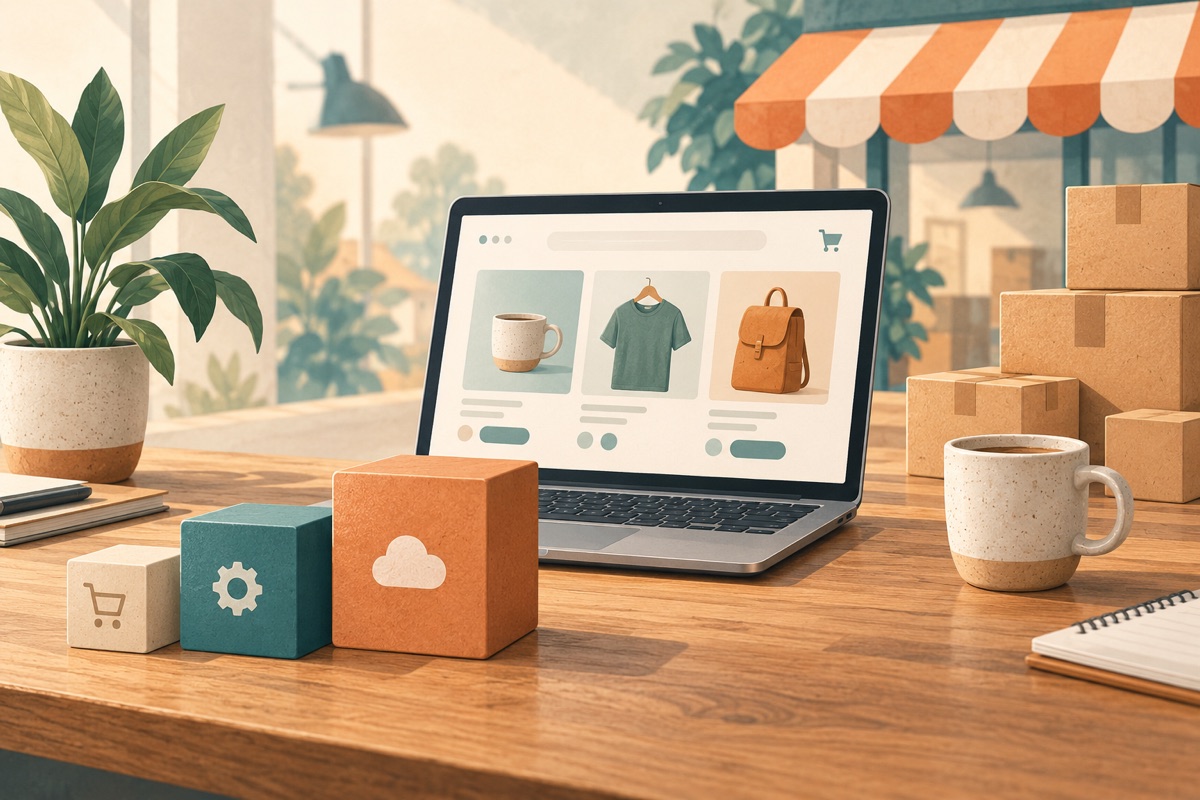 Illustration eines Schaufensters und eines Laptops mit einem Webshop, mit Versandkartons im Vordergrund.