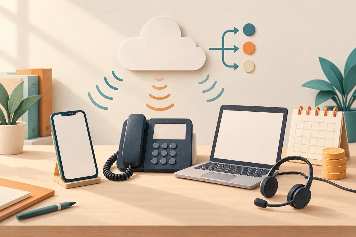 Illustration eines Schreibtischs mit Smartphone, Tischtelefon und Headset neben einem Laptop, verbunden mit einer Wolke, mit einem kleinen Münzstapel und einem Kalender für die monatlichen Kosten.
