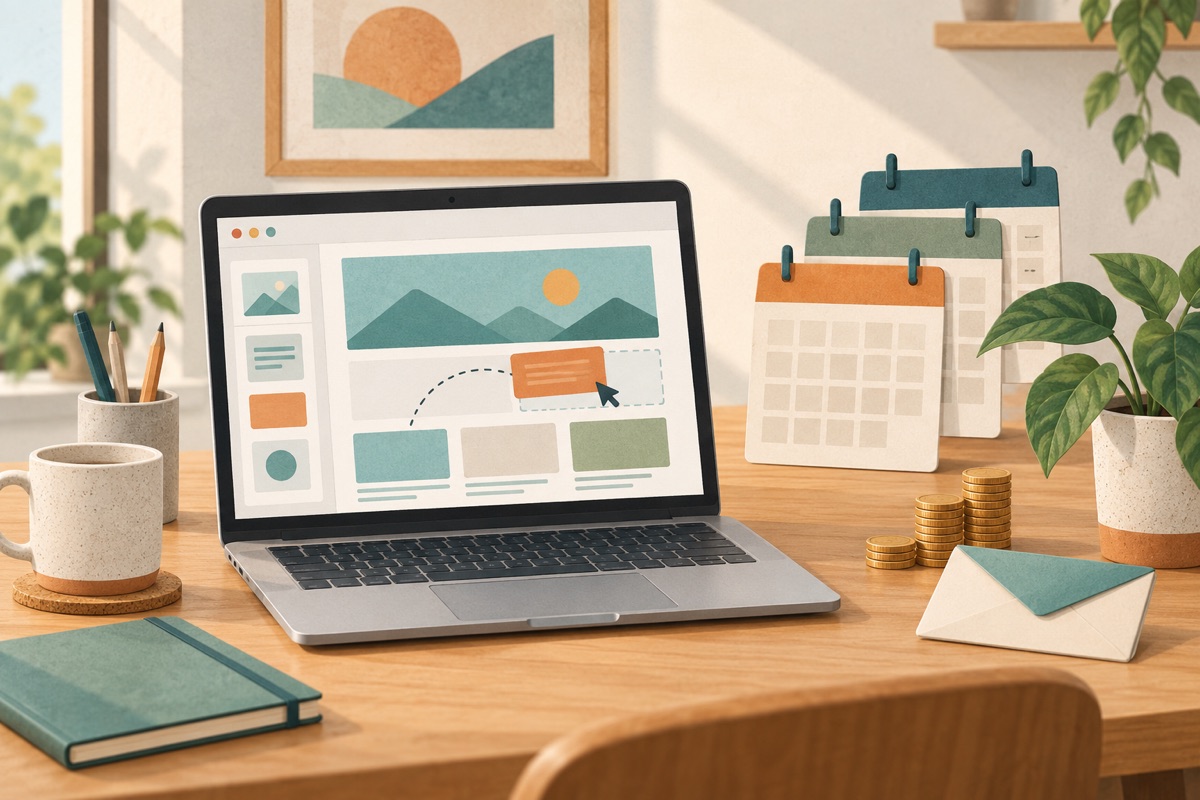 Illustration eines Laptops mit einem Website-Layout aus Blöcken, eines Kalenders mit drei Jahresblättern, eines Briefumschlags und eines kleinen Münzstapels.